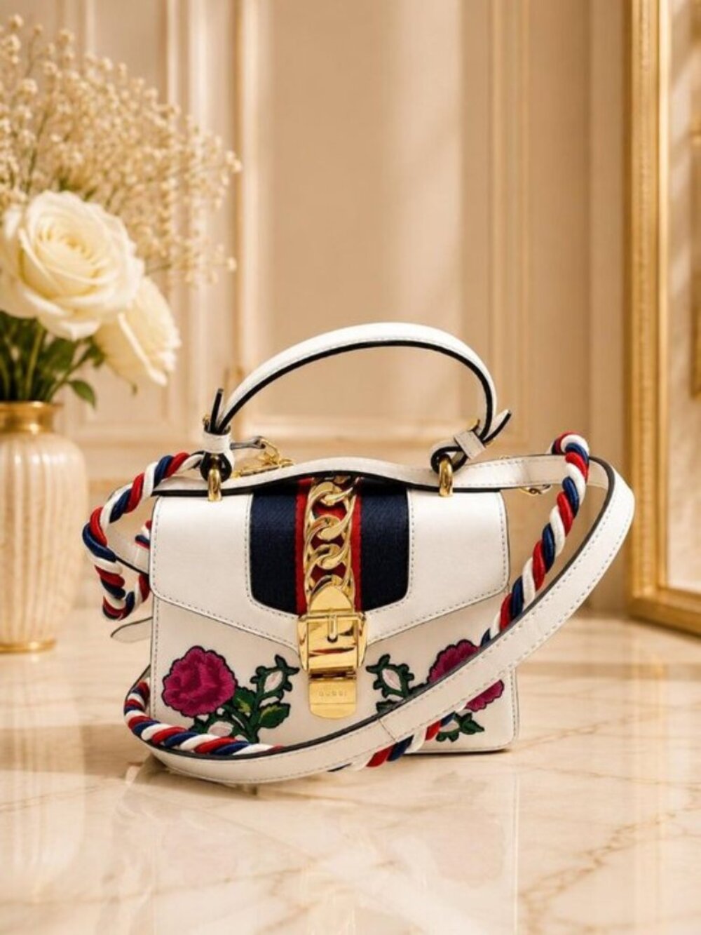 Authentic Gucci Sylvie Mini Floral Embroidered Leather Top Handle Crossbody Bag